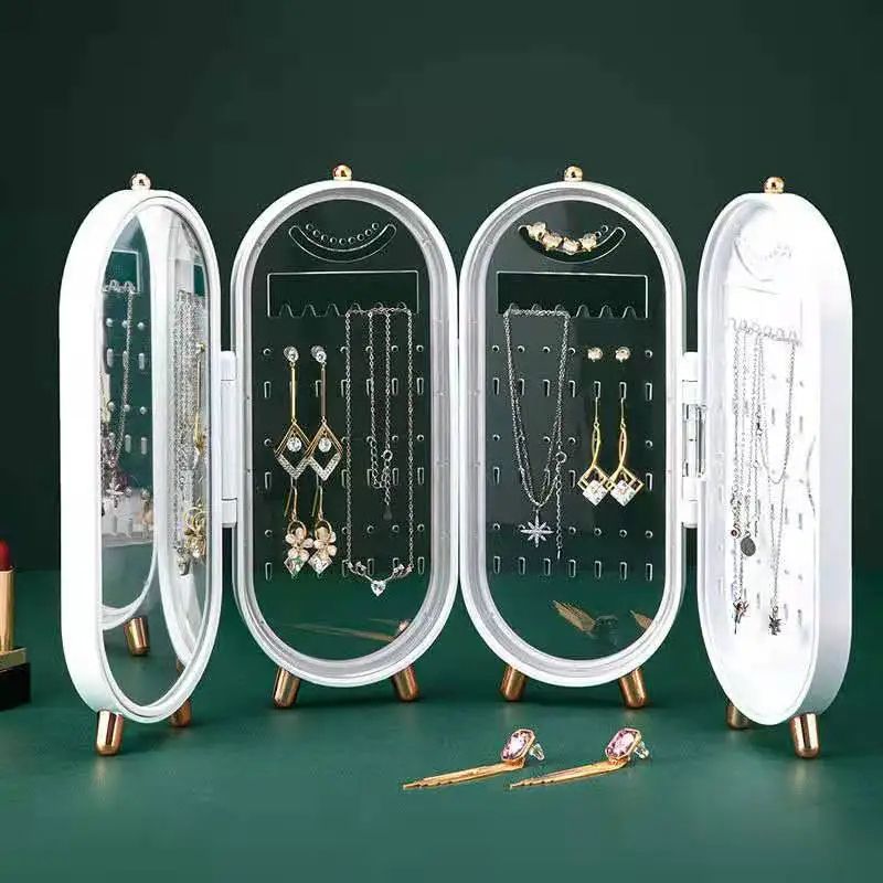 Luxury Foldable Jewelry Box With Mirror Earrings Ring Bracelet Necklace Display Rack Desktop Dustproof Jewellery Storage Stand