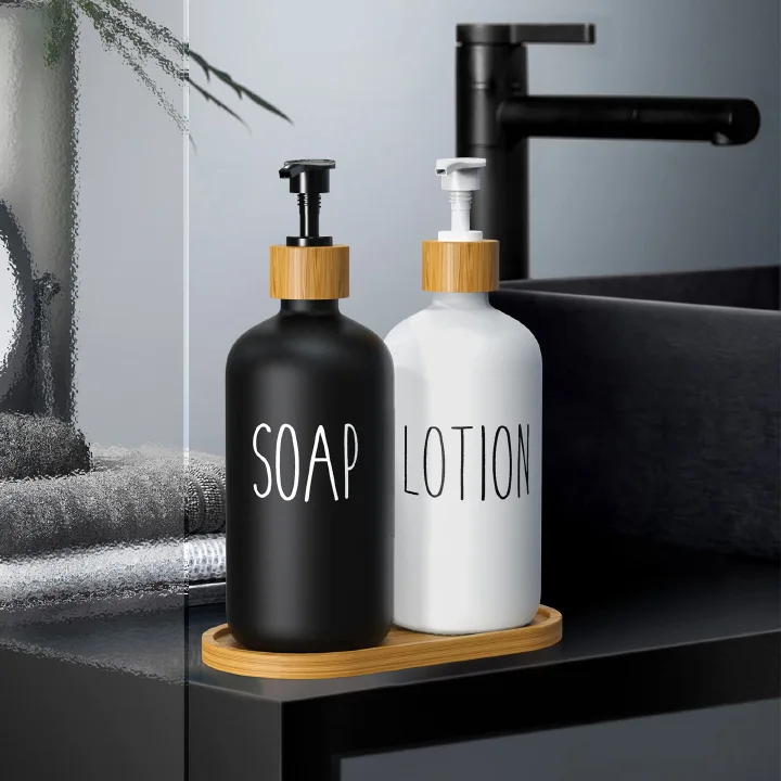 1 Set Bathroom Soap Dispenser Set 500ml Glass Soap and Lotion Dispenser Set with Wooden Tray for Bathroom