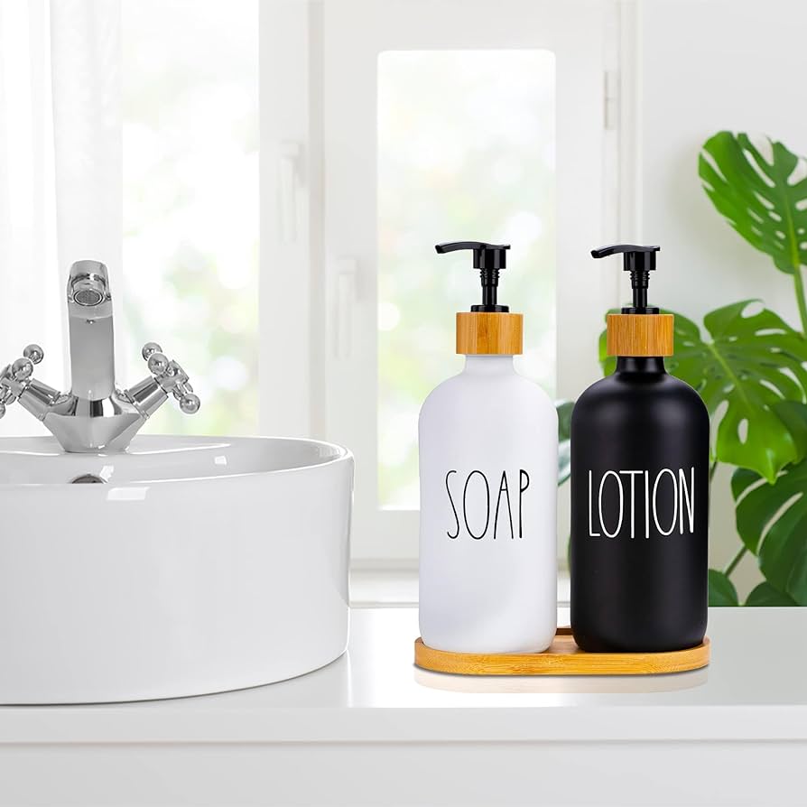 1 Set Bathroom Soap Dispenser Set 500ml Glass Soap and Lotion Dispenser Set with Wooden Tray for Bathroom