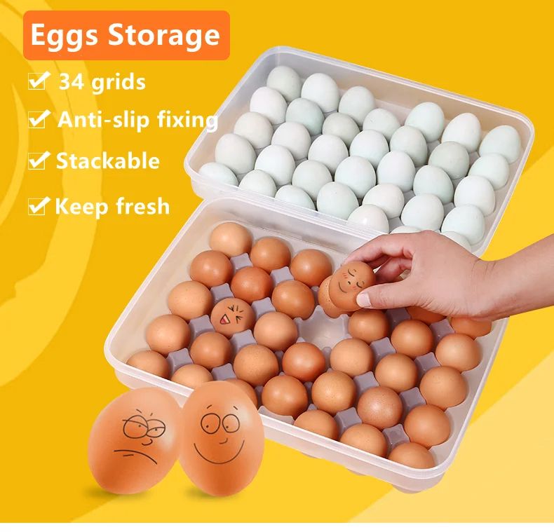 34 Grids Plastic Egg Storage Containers Box Refrigerator Organizer Drawer Egg Fresh-keeping Case Holder Tray Kitchen Accessories