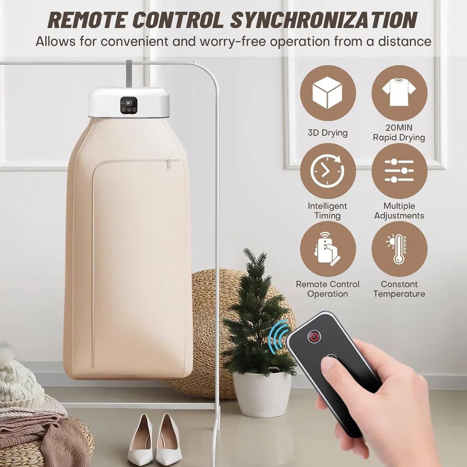Portable Clothes Dryer， Laundry Dryers with Remote Control, Small Foldable Drying Machine with Dry Bag for Travel,RV, 10kg