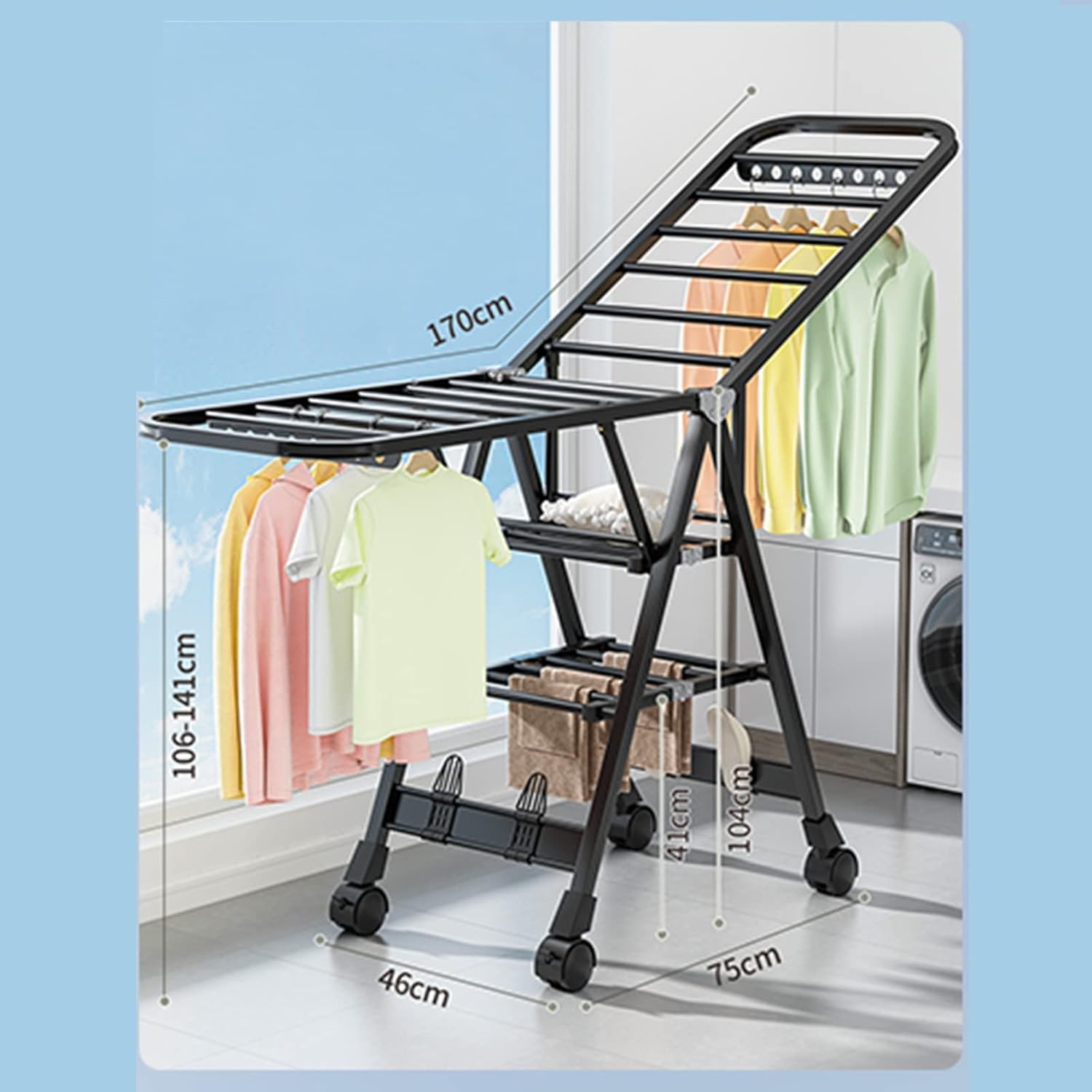 Foldable Drying Rack Wing-Shaped Folding Clothes Pole Balcony Indoor and Outdoor Aluminum Alloy Clothes Rack With Wheels