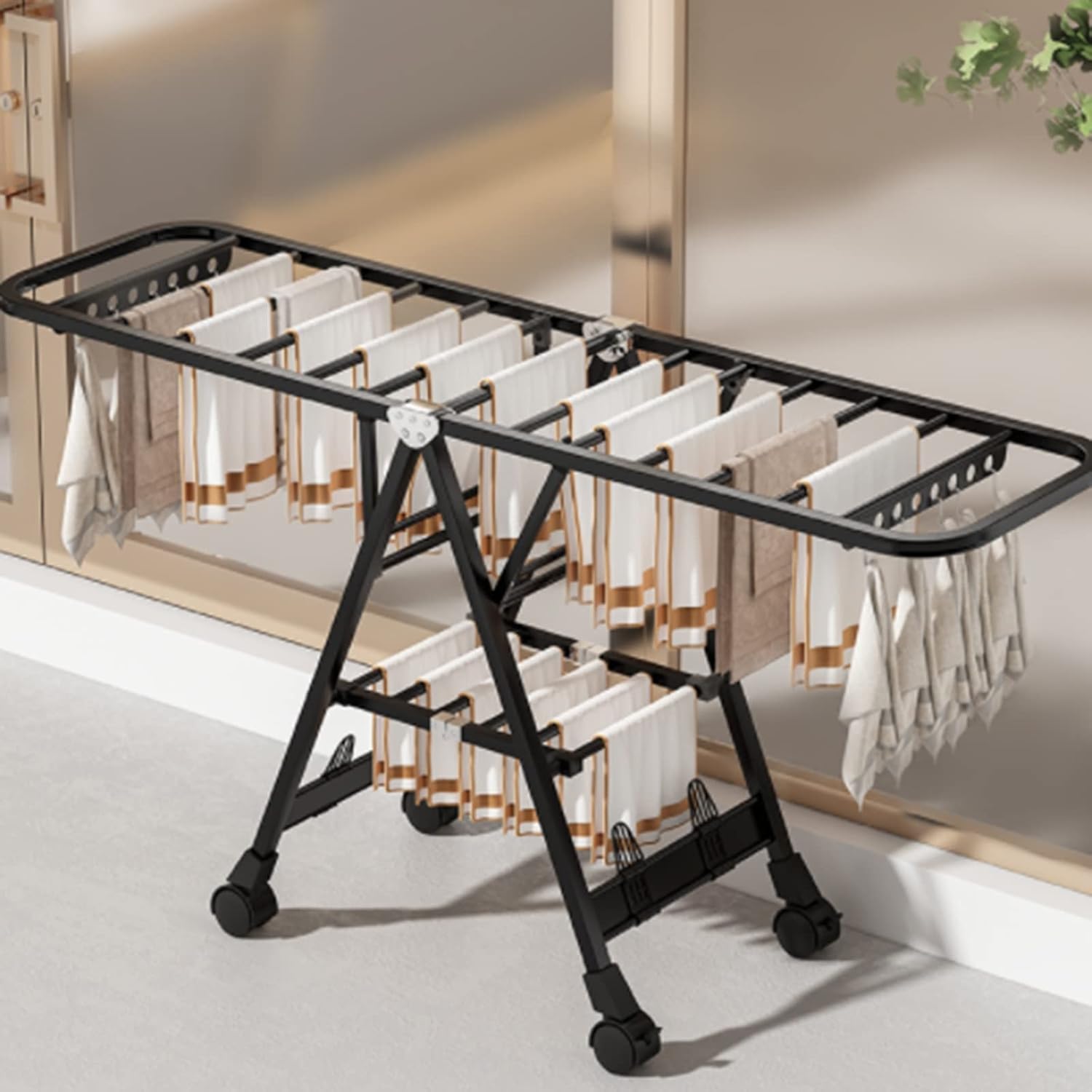 Foldable Drying Rack Wing-Shaped Folding Clothes Pole Balcony Indoor and Outdoor Aluminum Alloy Clothes Rack With Wheels