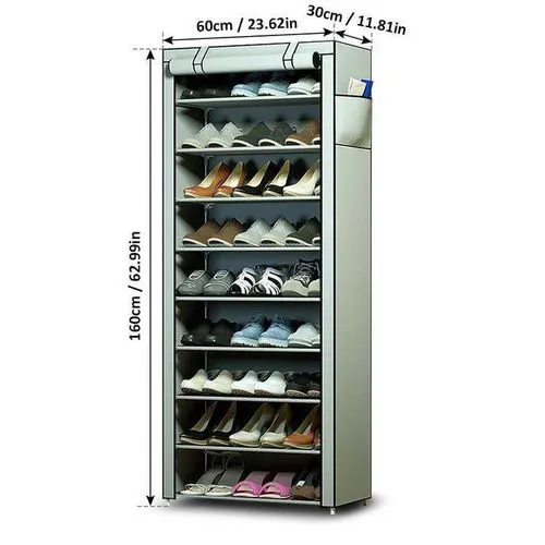 10 Layer Single Row Zipper Shoe Cabinet Metal and canvas 10 Shelves Shoe Rack