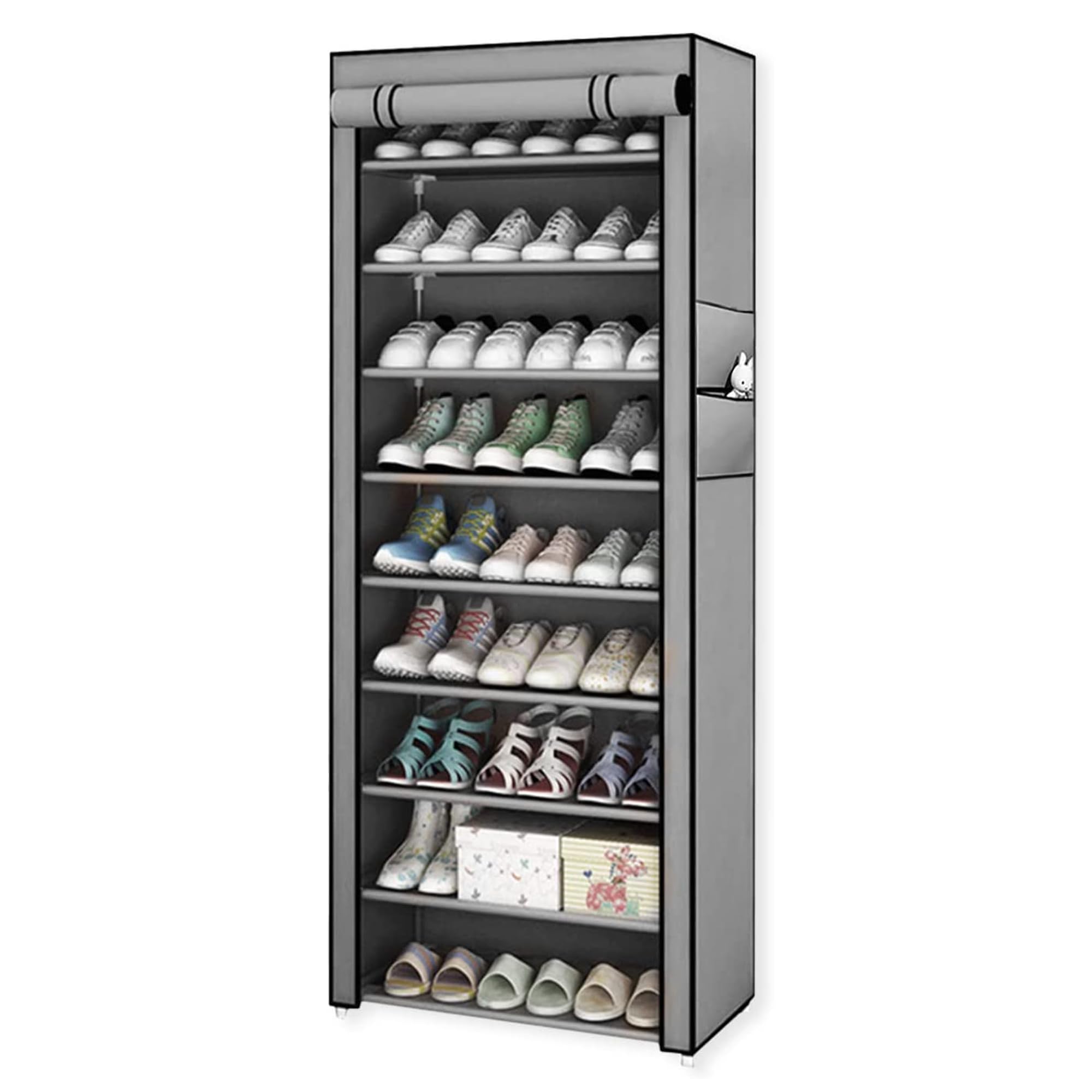10 Layer Single Row Zipper Shoe Cabinet Metal and canvas 10 Shelves Shoe Rack