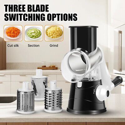 Rotary drum grater veggie slicer with 3 slicing options now available in 4 colours (Black, green, blue, red)