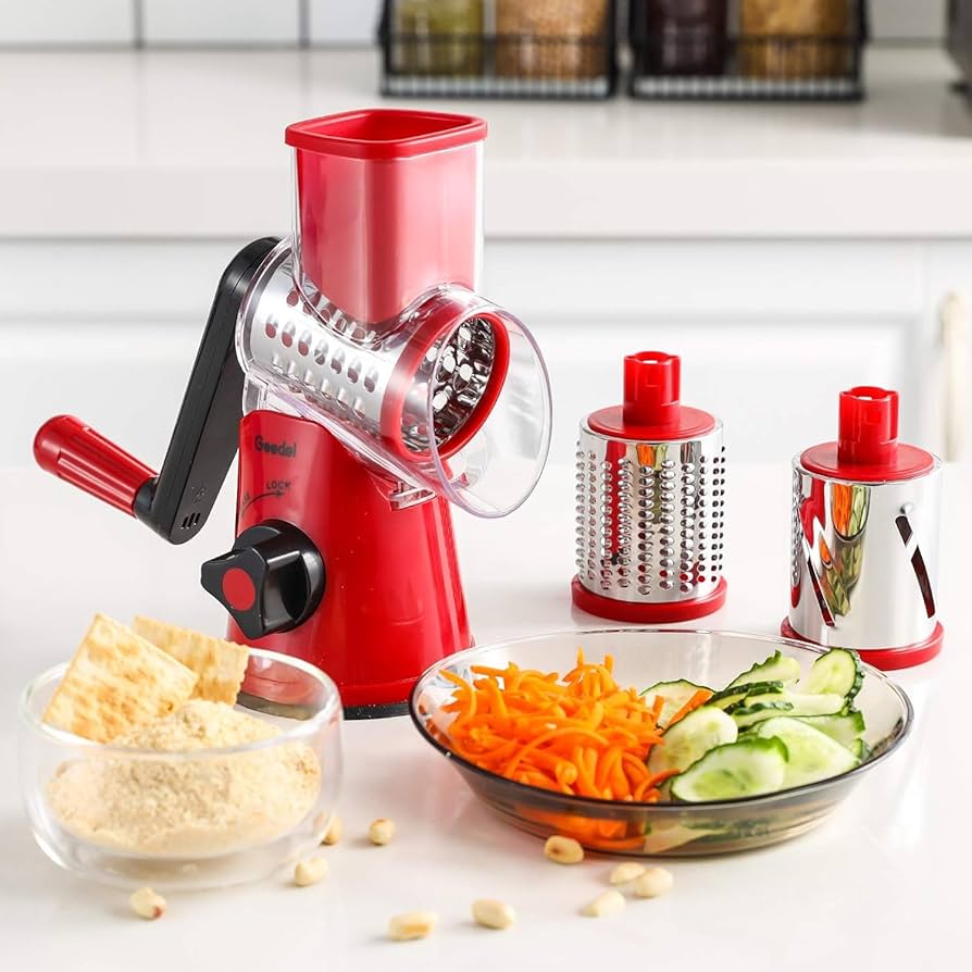 Rotary drum grater veggie slicer with 3 slicing options now available in 4 colours (Black, green, blue, red)