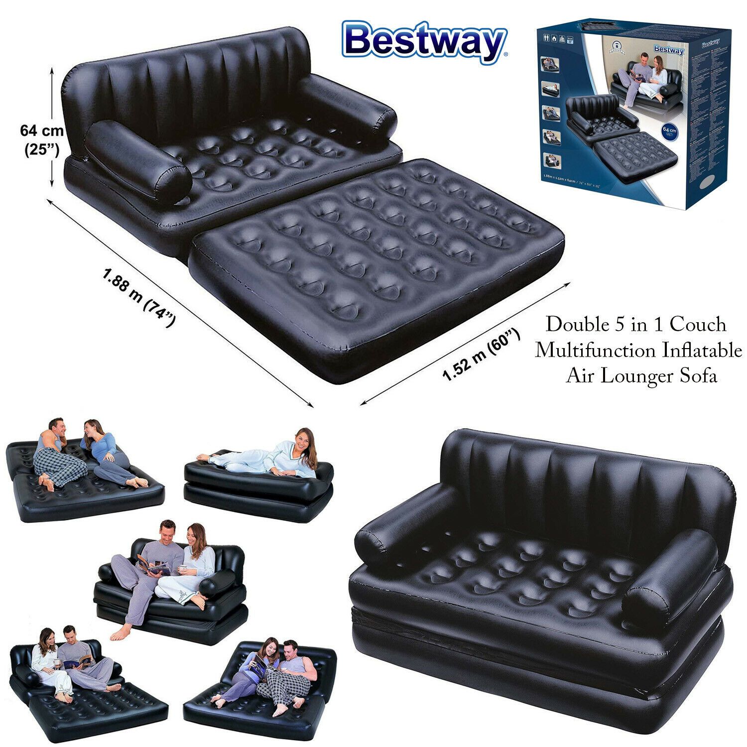 Inflatable 5-in-1 Air Sofa Bed Chair Couch Lounger Bed Mattress Comfortable Multi functional Inflatable Two Seater Sofa with Air pump