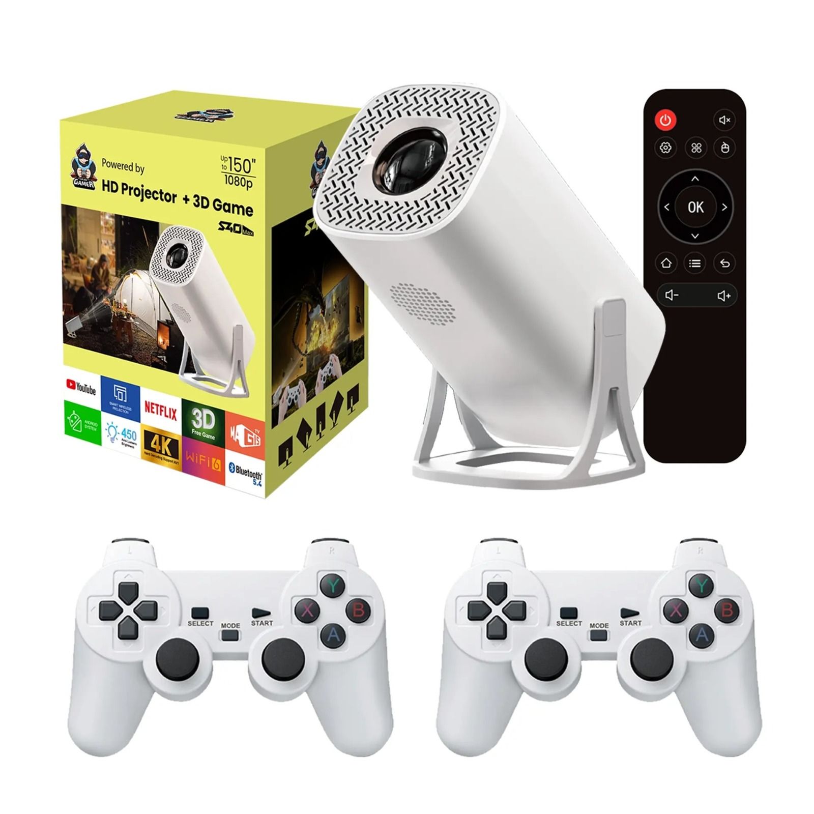 4K LED Mini Android 11 Projector with 36000+ Retro Video Games – Portable Home Theater LCD Projector with Wi-Fi, 8GB ROM, 2 Wireless Game Pads & Built-in Console