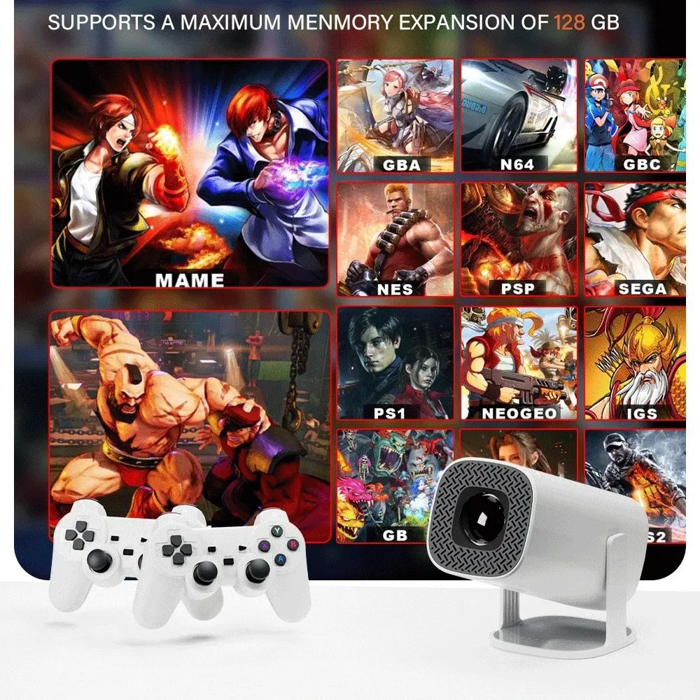 4K LED Mini Android 11 Projector with 36000+ Retro Video Games – Portable Home Theater LCD Projector with Wi-Fi, 8GB ROM, 2 Wireless Game Pads & Built-in Console