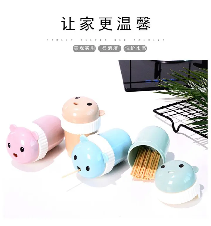 Plastic Cartoon Toothpick Box – Creative Bear-Shaped Toothpick Holder for Home & Living Room, Portable Round Design