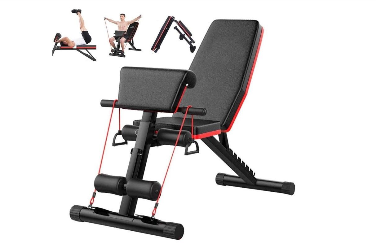 Adjustable Multi Functional Weight Bench Foldable Home Gym Strength Training Bench with Preacher Curl Pad Resistance Bands Incline Decline Flat Workout Bench for Full Body Exercise Fitness Equipment