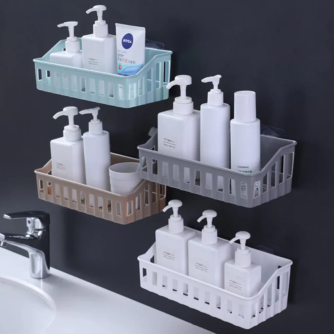 Plain Hollow Bathroom Storage Rack: Non-Perforated Seamless Wall-Mounted Toiletries Basket White Blue Grey Beige Space-Saving Durable Moisture-Resistant Organizer Gift.