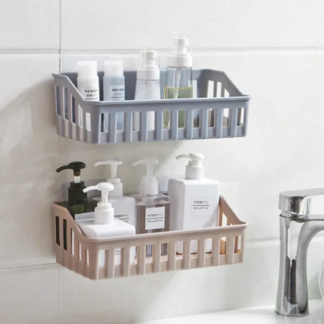 Plain Hollow Bathroom Storage Rack: Non-Perforated Seamless Wall-Mounted Toiletries Basket White Blue Grey Beige Space-Saving Durable Moisture-Resistant Organizer Gift.