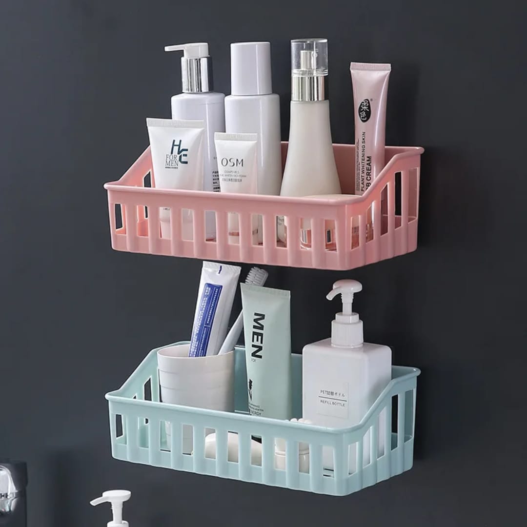 Plain Hollow Bathroom Storage Rack: Non-Perforated Seamless Wall-Mounted Toiletries Basket White Blue Grey Beige Space-Saving Durable Moisture-Resistant Organizer Gift.