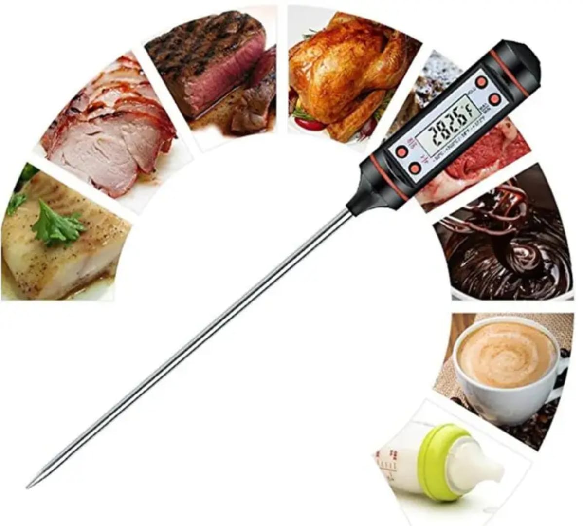 Food Thermometer for Barbecue and Baking: Insertable Bread Liquid Kitchen Electronic Probe Thermometer Black White Instant-Read Cooking Tool for BBQ, Oven, Candy, Milk, and Roasting.