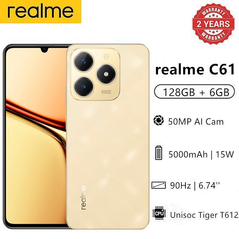 Realme C61 128GB+6GB 90Hz 6.74'' 50MP 7.84mm Thickness 5000mAh IP54 Waterproof Android 14 Type-C Dual Sim Smart Phones Face and Fingerprint Unlock phone