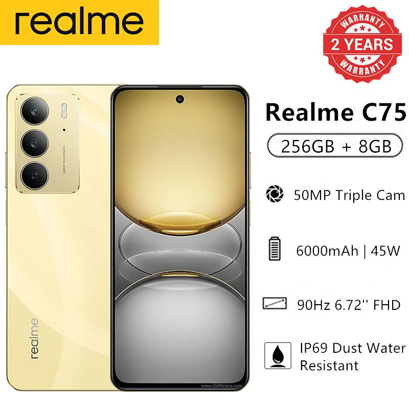 New Arrival Realme C75 256GB+8GB 6.72'' 90Hz IP69 Dust Water Resistant 45W 6000mAh 50MP Camera Mediatek Helio G92 Max (12 nm) Android 14 Type-C Dual Sim Smart Phones Side Fingerprint Unlock phone