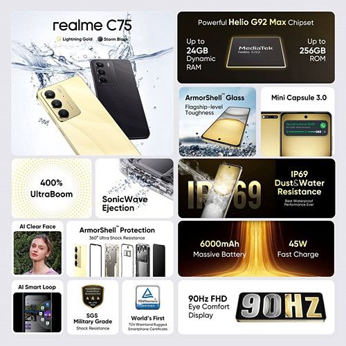 New Arrival Realme C75 256GB+8GB 6.72'' 90Hz IP69 Dust Water Resistant 45W 6000mAh 50MP Camera Mediatek Helio G92 Max (12 nm) Android 14 Type-C Dual Sim Smart Phones Side Fingerprint Unlock phone