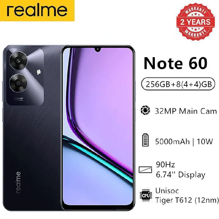 New Arrival Realme Note 60 256GB ROM + 8(4+4)GB RAM 6.74" 90Hz 32MP AI Camera IP64 Dust Water Resistant Android 14 Ultra Slim 5000mAh Type-C Smart Phones Side Fingerprint phone