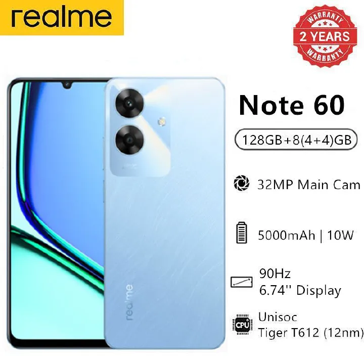 New Arrival Realme Note 60 128GB ROM +8(4+4)GB RAM 6.74" 90Hz 32MP AI Camera IP64 Dust Water Proof 5000mAh Ultra Slim Android 14 Dual SIM Smart Phones Side Fingerprint phone