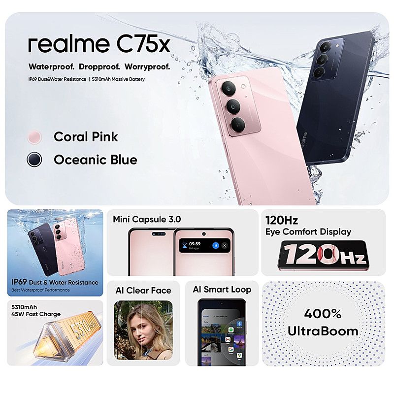 New Arrival Realme C75x 256GB +16(8+8)GB IP69 Dust Water Resistant 6.72'' 120Hz 45W 5600mAh 50MP Camera Mediatek Helio G81 Ultra (12nm) Android 15 Type-C Dual Sim Smart Phones Side Fingerprint phone