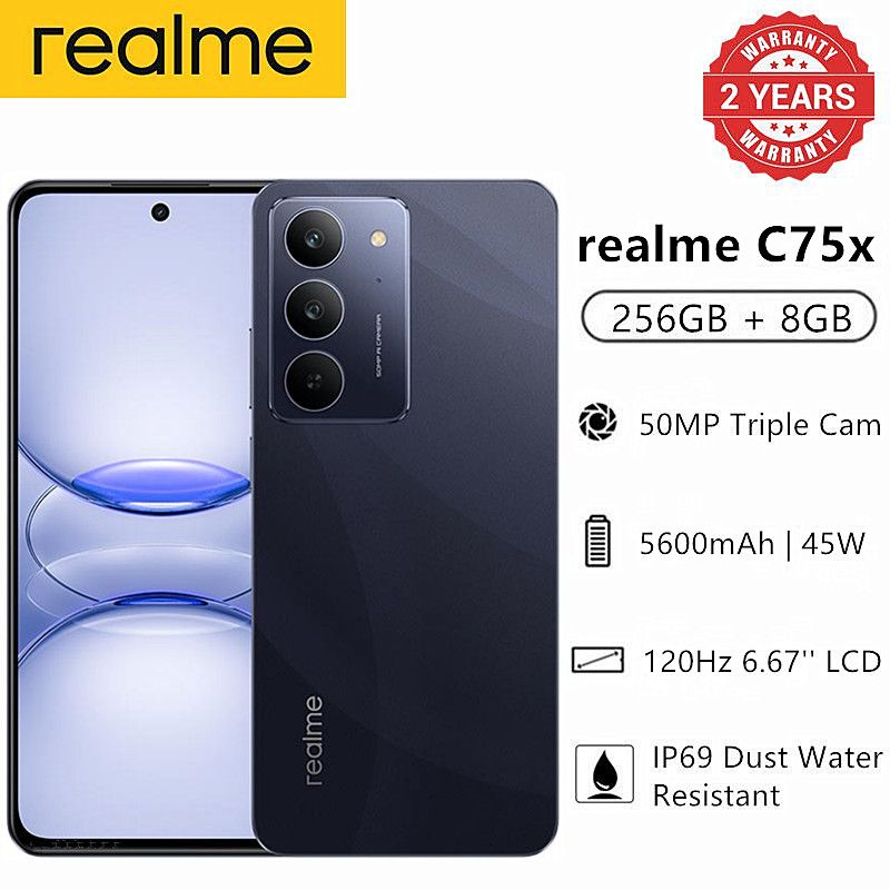 New Arrival Realme C75x 256GB +16(8+8)GB IP69 Dust Water Resistant 6.72'' 120Hz 45W 5600mAh 50MP Camera Mediatek Helio G81 Ultra (12nm) Android 15 Type-C Dual Sim Smart Phones Side Fingerprint phone