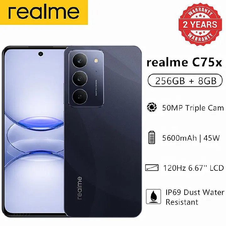 New Arrival Realme C75x 256GB +16(8+8)GB IP69 Dust Water Resistant 6.72'' 120Hz 5600mAh 45W 50MP Camera Mediatek Helio G81 Ultra (12nm) Android 15 Type-C Dual Sim Smart Phones Side Fingerprint phone