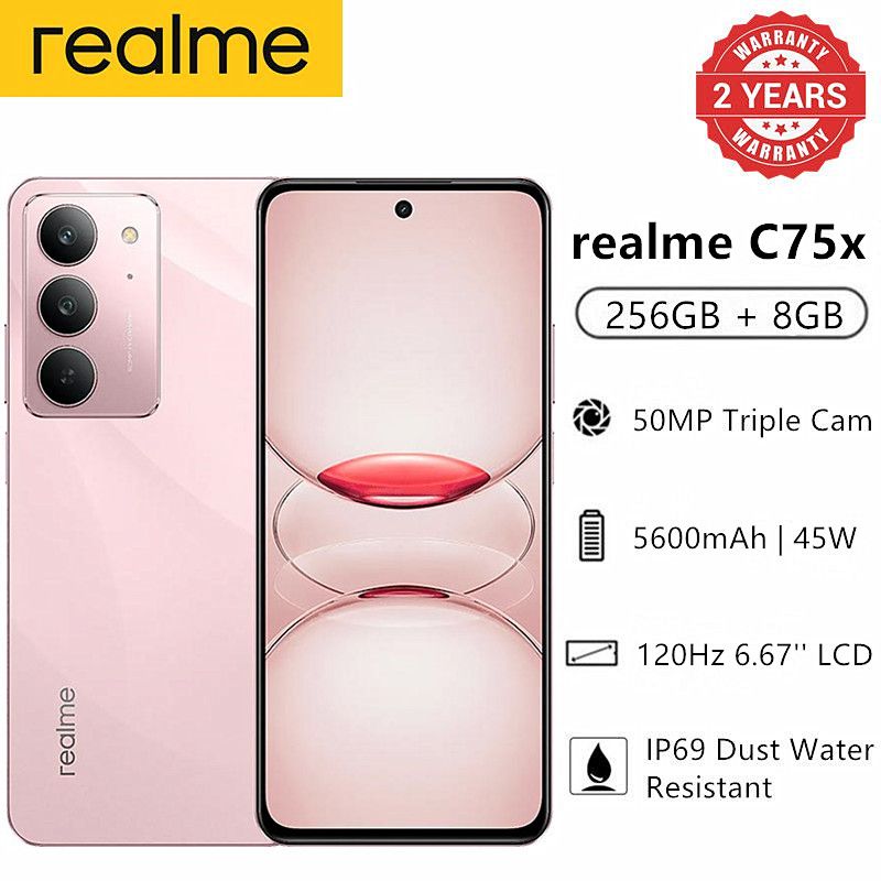 New Arrival Realme C75x 256GB +16(8+8)GB IP69 Dust Water Resistant 6.72'' 120Hz 45W 5600mAh 50MP Camera Mediatek Helio G81 Ultra (12nm) Android 15 Type-C Dual Sim Smart Phones Side Fingerprint phone