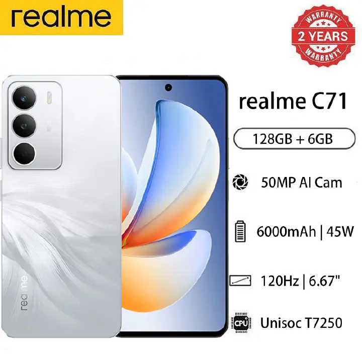 New Arrival Realme C71 128GB+18(6+12)GB 6.67" 120Hz 50MP AI cam 6000mAh 45W Dust Water Resistant Android 15 Type-C Dual Sim Side Fingerprint Smart Phones