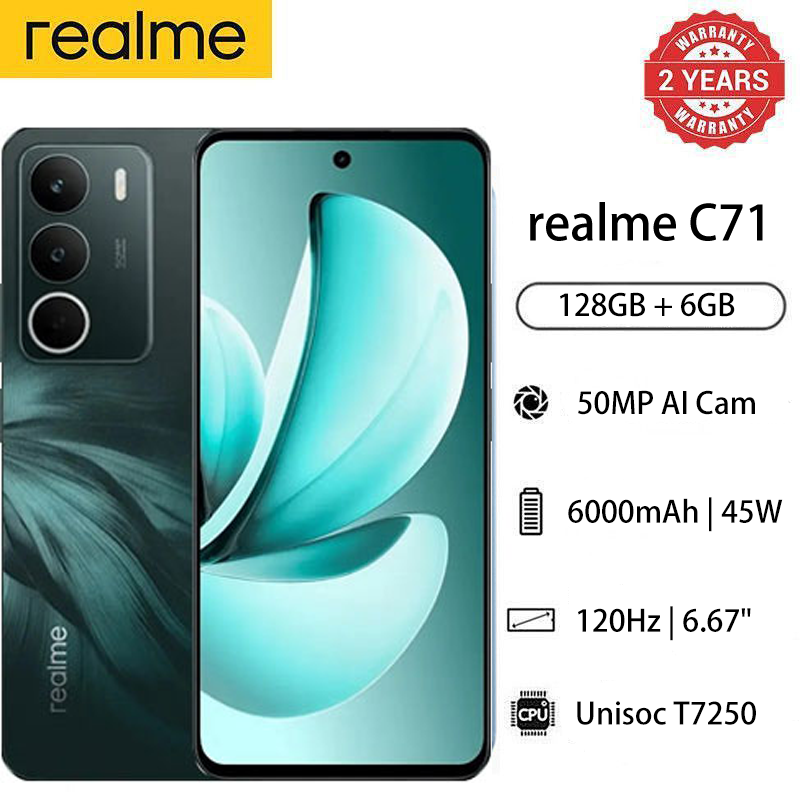 New Arrival Realme C71 128GB+18(6+12)GB 6.67" 120Hz 50MP AI cam 6000mAh 45W Dust Water Resistant Android 15 Type-C Dual Sim Side Fingerprint Smart Phones
