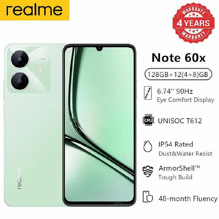 [48-month Fluency] New Arrival Realme Note 60x  12(4+8)GB RAM + 128GB ROM  90Hz  5000mAh ArmorShell Protection IP54 Dust & Water Resistance 7.84mm Thickness Android 14  Type-C Dual-SIM Smartphones