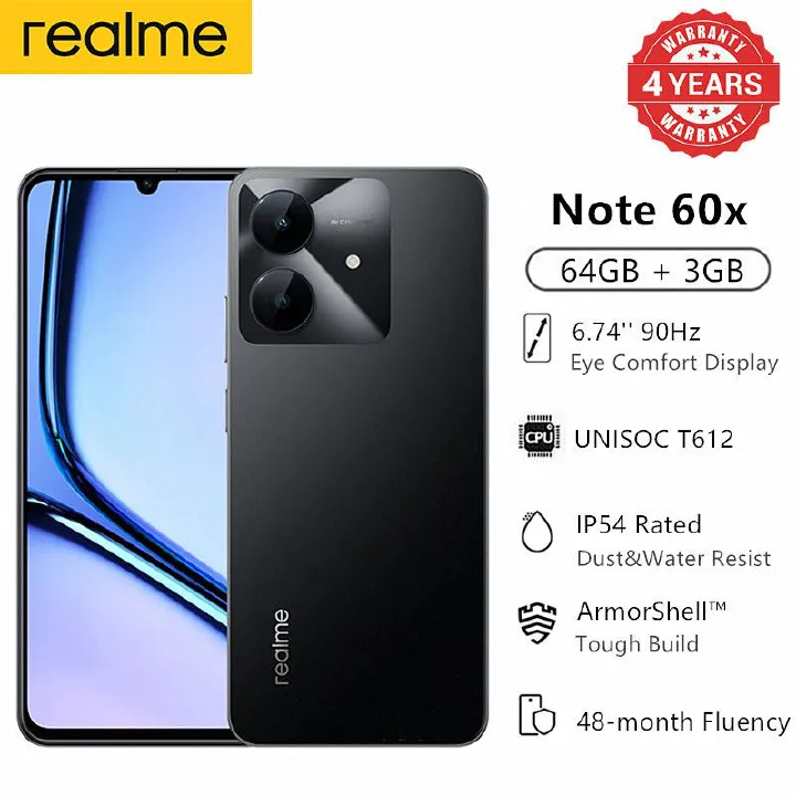 [48-month Fluency] New Arrival Realme Note 60x 3GB RAM + 64GB ROM 90Hz  5MP AI Cam 5000mAh 7.84mm Thickness Android 14 Type-C dual-SIM smartphones
