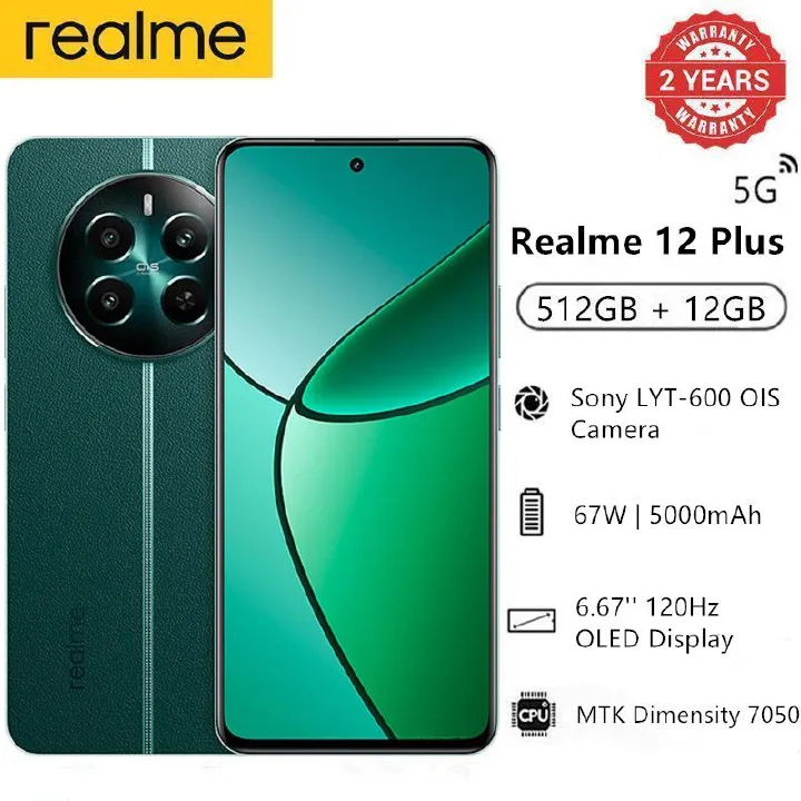 Realme 12 Plus 5G 512GB + 12GB 120Hz 6.67'' Display MediaTek Dimensity 7050 50MP 67W 5000mAh Android 14 Type-C Dual Sim Side Fingerprint Smart Phones