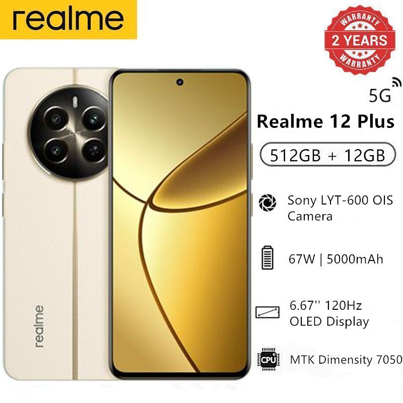 Realme 12 Plus 5G 512GB + 12GB 120Hz 6.67'' Display MediaTek Dimensity 7050 50MP 67W 5000mAh Android 14 Type-C Dual Sim Side Fingerprint Smart Phones