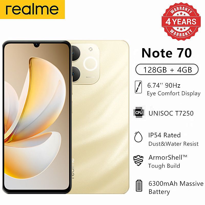 New Arrival Realme Note 70 128GB+4GB 6.74'' 90Hz  6300mAh Massive Battery 7.94mm Ultra Slim 13MP AI Cam Android 15 Type-C 4G Dual-SIM Smart Phones