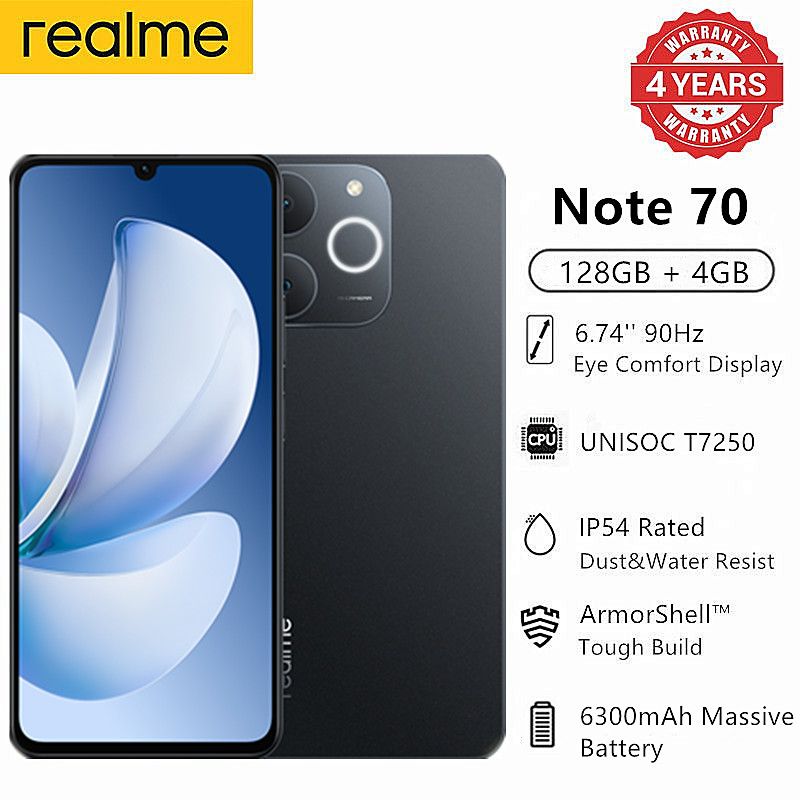 New Arrival Realme Note 70 128GB+4GB 6.74'' 90Hz  6300mAh Massive Battery 7.94mm Ultra Slim 13MP AI Cam Android 15 Type-C 4G Dual-SIM Smart Phones