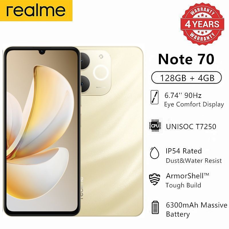 [Brand Day Only] New Arrival Realme Note 70 128GB+4GB 6.74'' 90Hz  6300mAh Massive Battery 7.94mm Ultra Slim 13MP AI Cam IP54 Waterproof Android 15 Type-C 4G Dual-SIM Smart Phones
