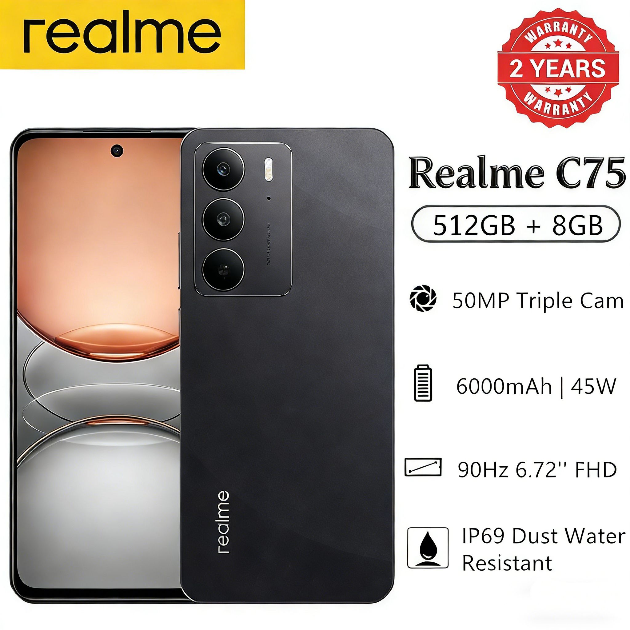 New Arrival Realme C75 512GB+8GB 6.72'' 90Hz 6000mAh 45W 50MP Camera Mediatek Helio G92 Max (12 nm) IP69 Dust Water Resistant Android 14 Type-C Dual Sim Smart Phones Side Fingerprint Unlock phone