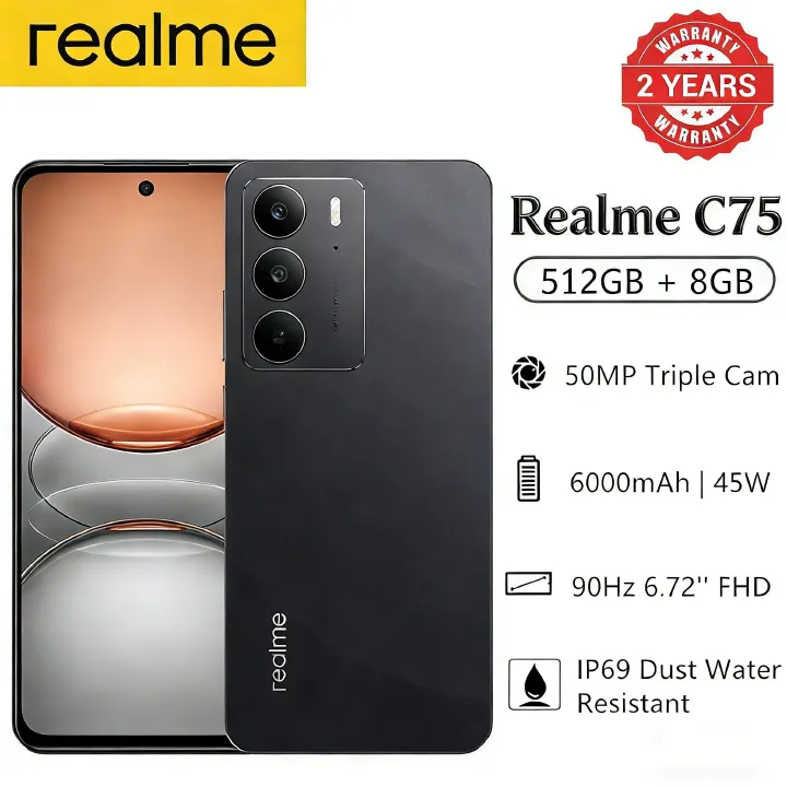 New Arrival Realme C75 512GB+8GB 6.72'' 90Hz 6000mAh 45W 50MP Camera Mediatek Helio G92 Max (12 nm) IP69 Dust Water Resistant Android 14 Type-C Dual Sim Smart Phones Side Fingerprint Unlock phone