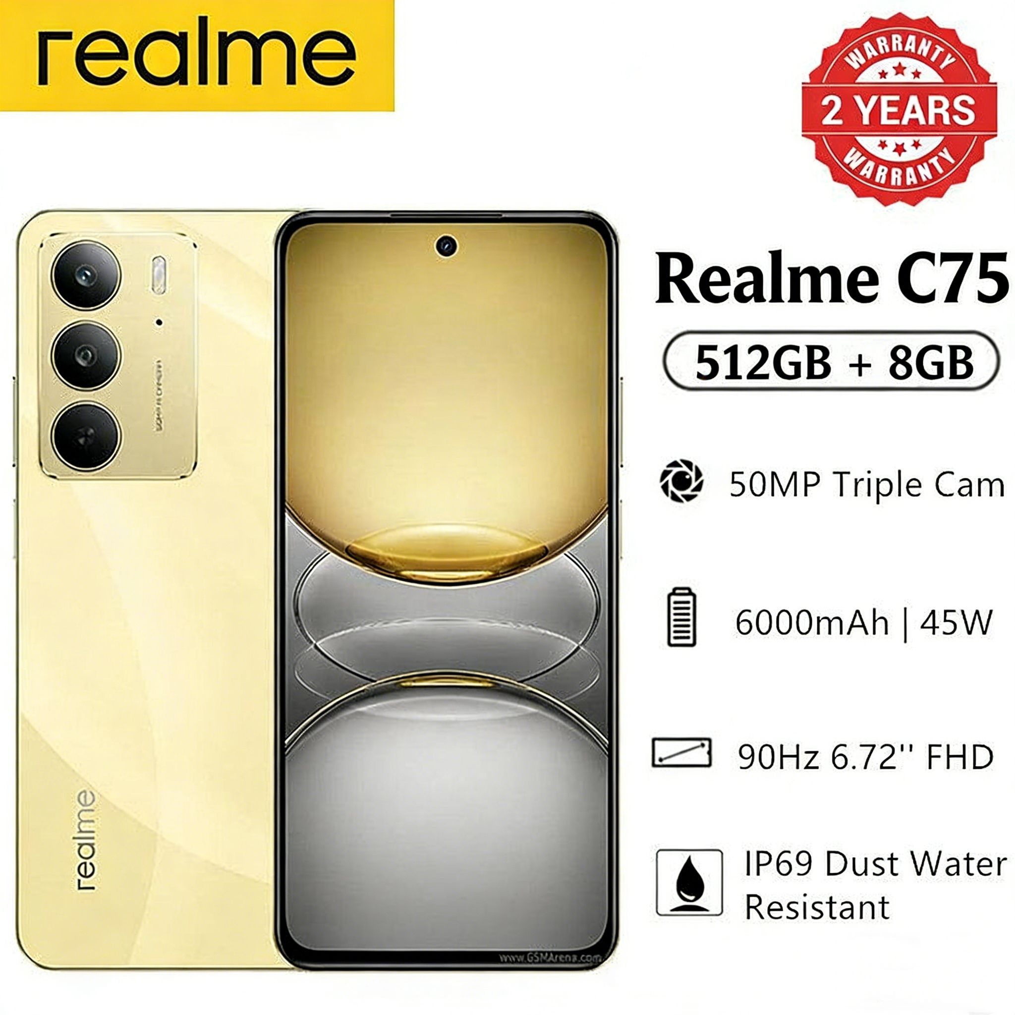 New Arrival Realme C75 512GB+8GB 6.72'' 90Hz 6000mAh 45W 50MP Camera Mediatek Helio G92 Max (12 nm) IP69 Dust Water Resistant Android 14 Type-C Dual Sim Smart Phones Side Fingerprint Unlock phone
