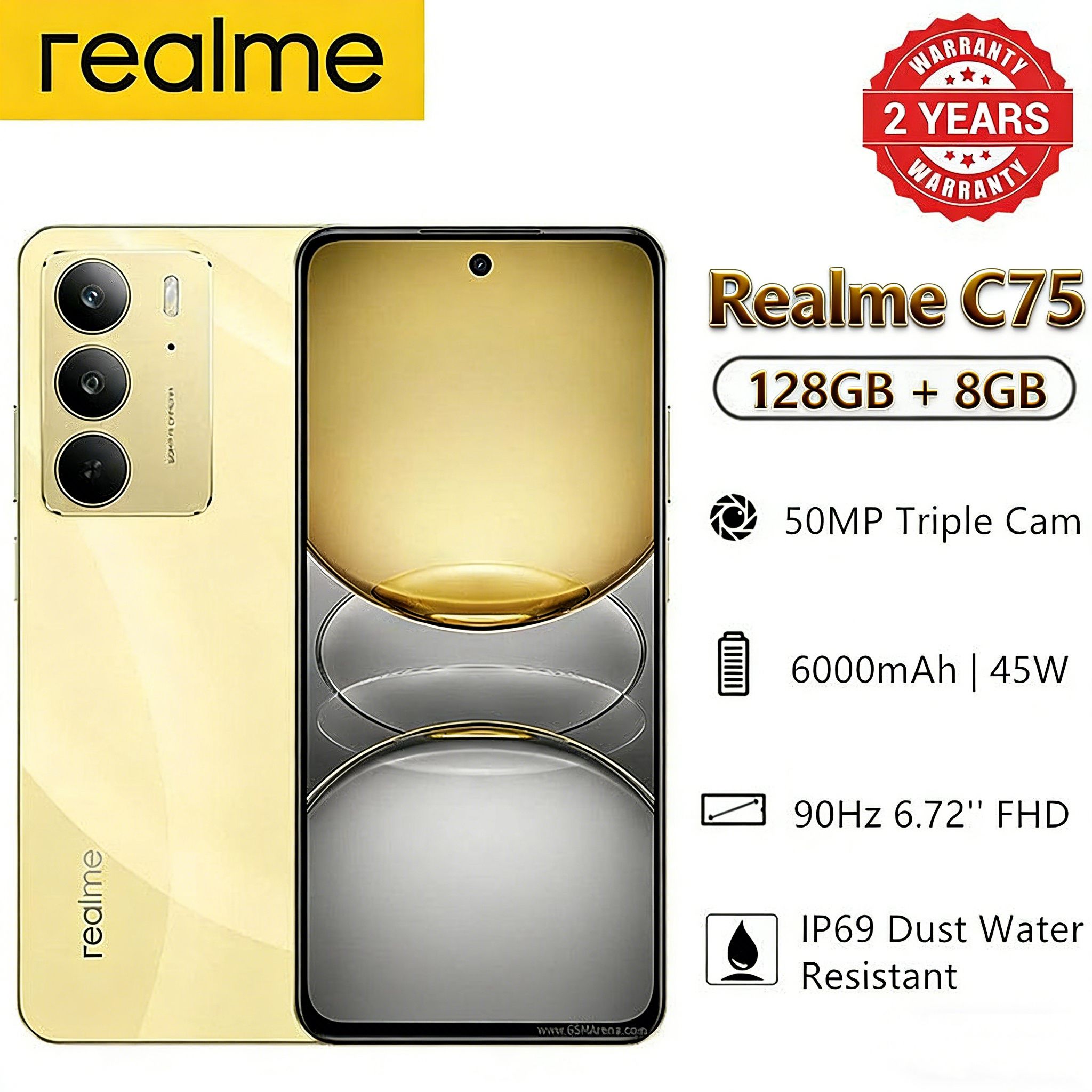 New Arrival Realme C75 128GB+8GB 6.72'' 90Hz 6000mAh 45W 50MP Camera Mediatek Helio G92 Max (12 nm) IP69 Dust Water Resistant Android 14 Type-C Dual Sim Smart Phones Side Fingerprint Unlock phone