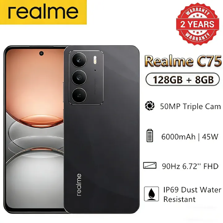 New Arrival Realme C75 128GB+8GB 6.72'' 90Hz 6000mAh 45W 50MP Camera Mediatek Helio G92 Max (12 nm) IP69 Dust Water Resistant Android 14 Type-C Dual Sim Smart Phones Side Fingerprint Unlock phone