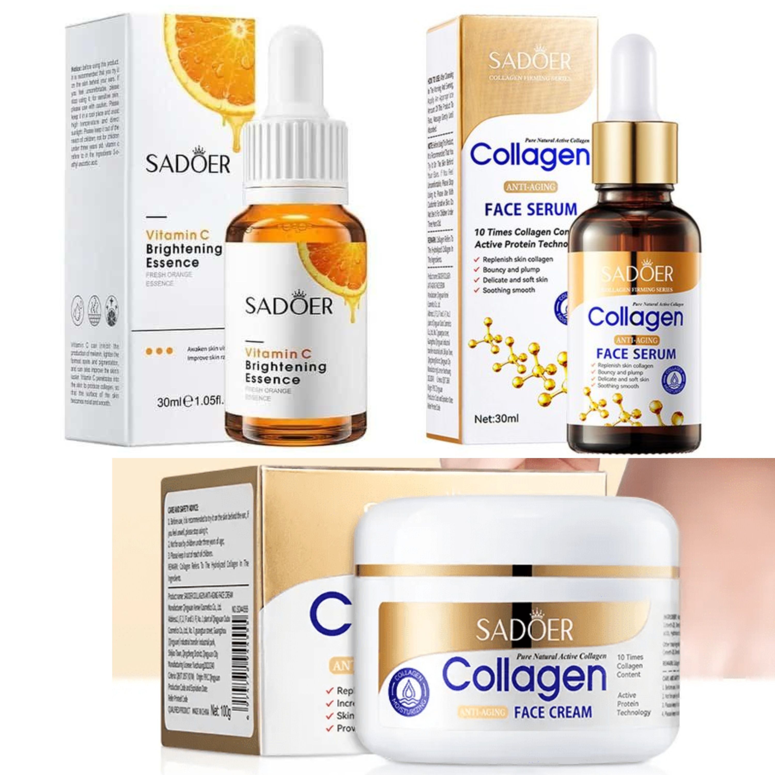 3 Pieces, Collagen Serum + Vitamin C Face Brightening Essence + Collagen Cream ,For Face Brightening, Anti Wrinkles, Anti Aging, Moisturizing, Fade Dark Marks and Collagen Replenish