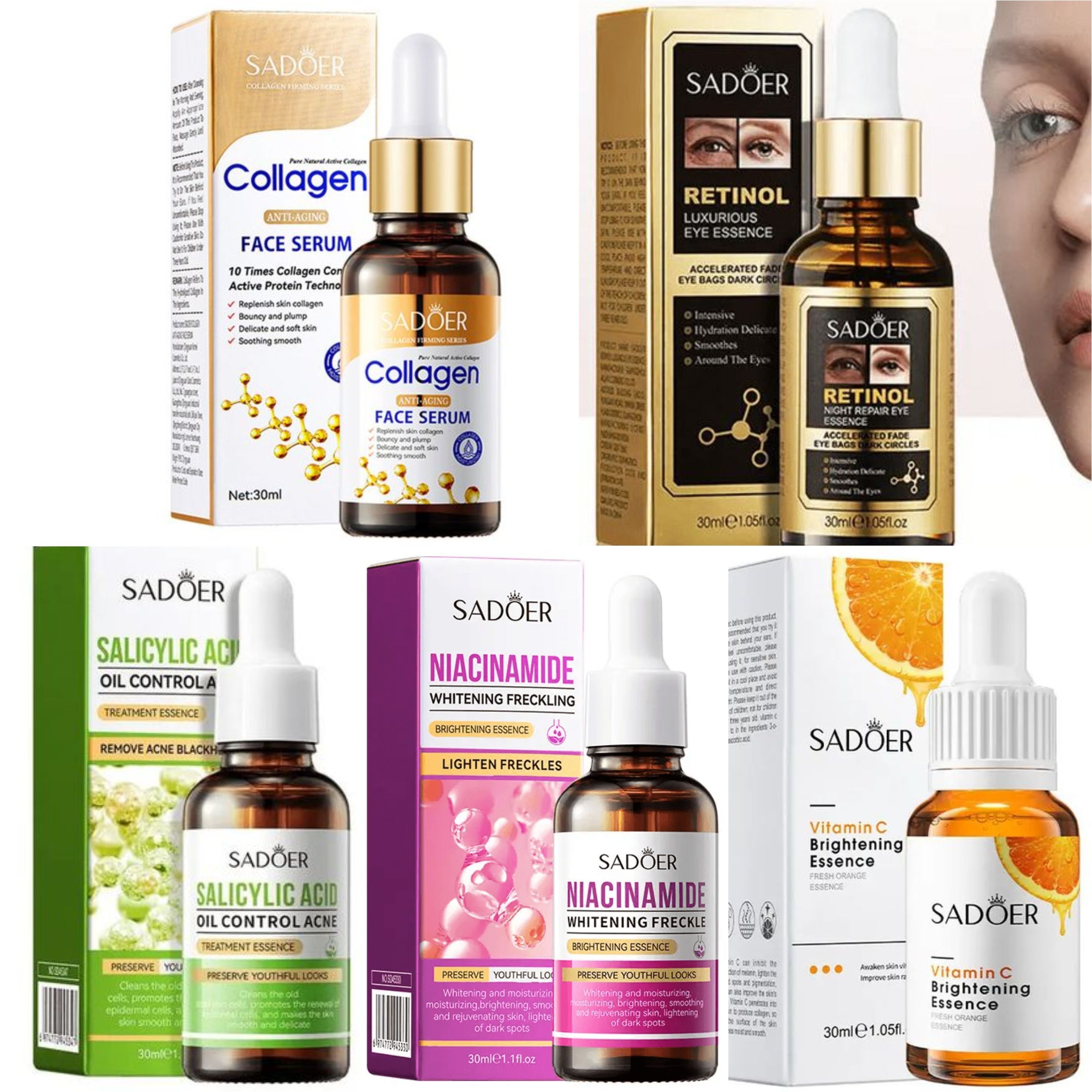 5 Pieces Serum Combo, Vitamin C Serum + Salicylic Acid Acne Treatment Essence + Niacinamide Face Serum + Collagen Serum + Retinol  Eyebags & Circles Remover Serum, Moisturize, Anti Aging, Anti Acnes