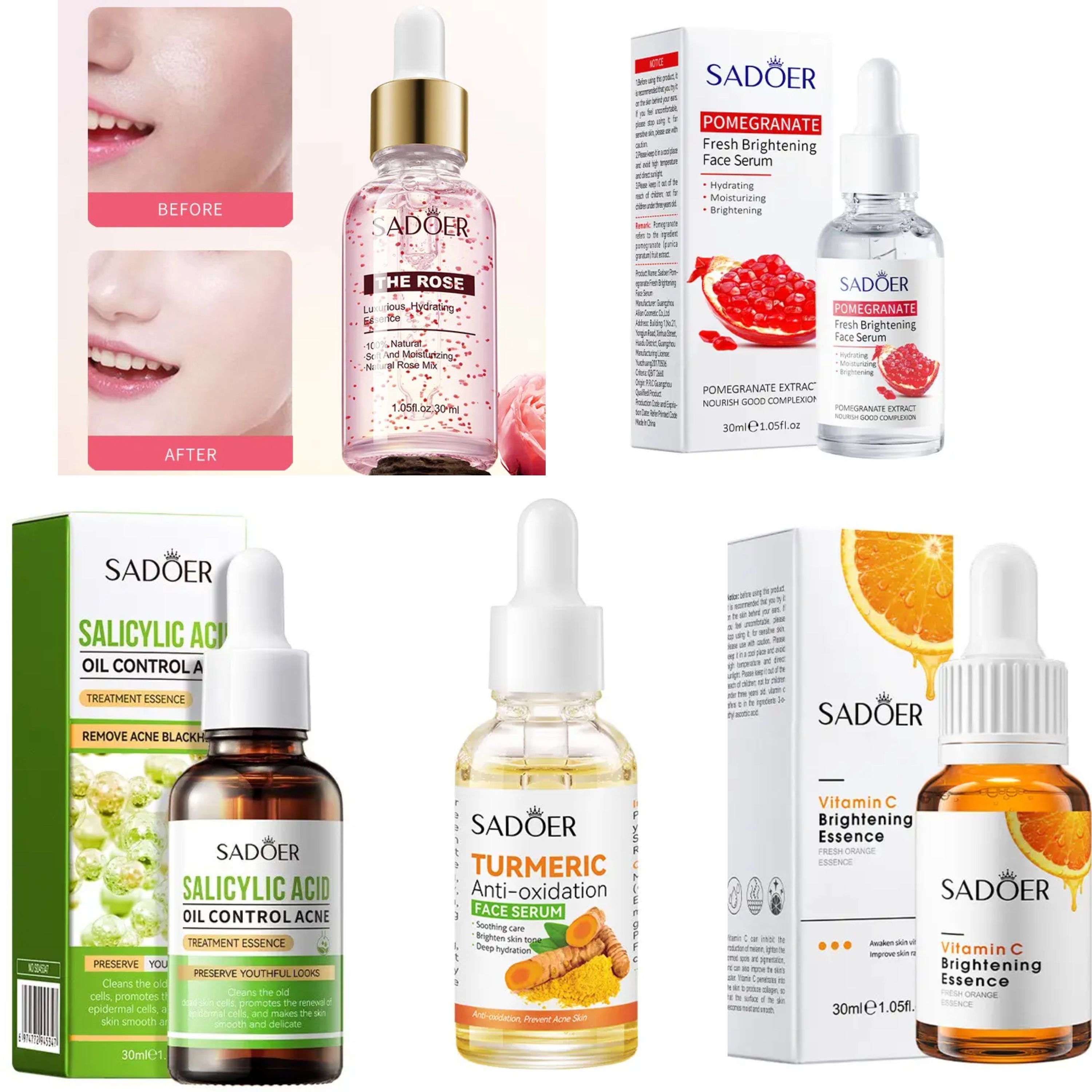 Sadoer 5 in 1 Pack, Rose Water + Pomegranate Serum + Vitamin C Serum + Salicylic Acid Acne Serum + Turmeric Anti Oxidation Tumeric Serum, The set gives Moisturized Skin, Eliminate Acne, Face Brightren