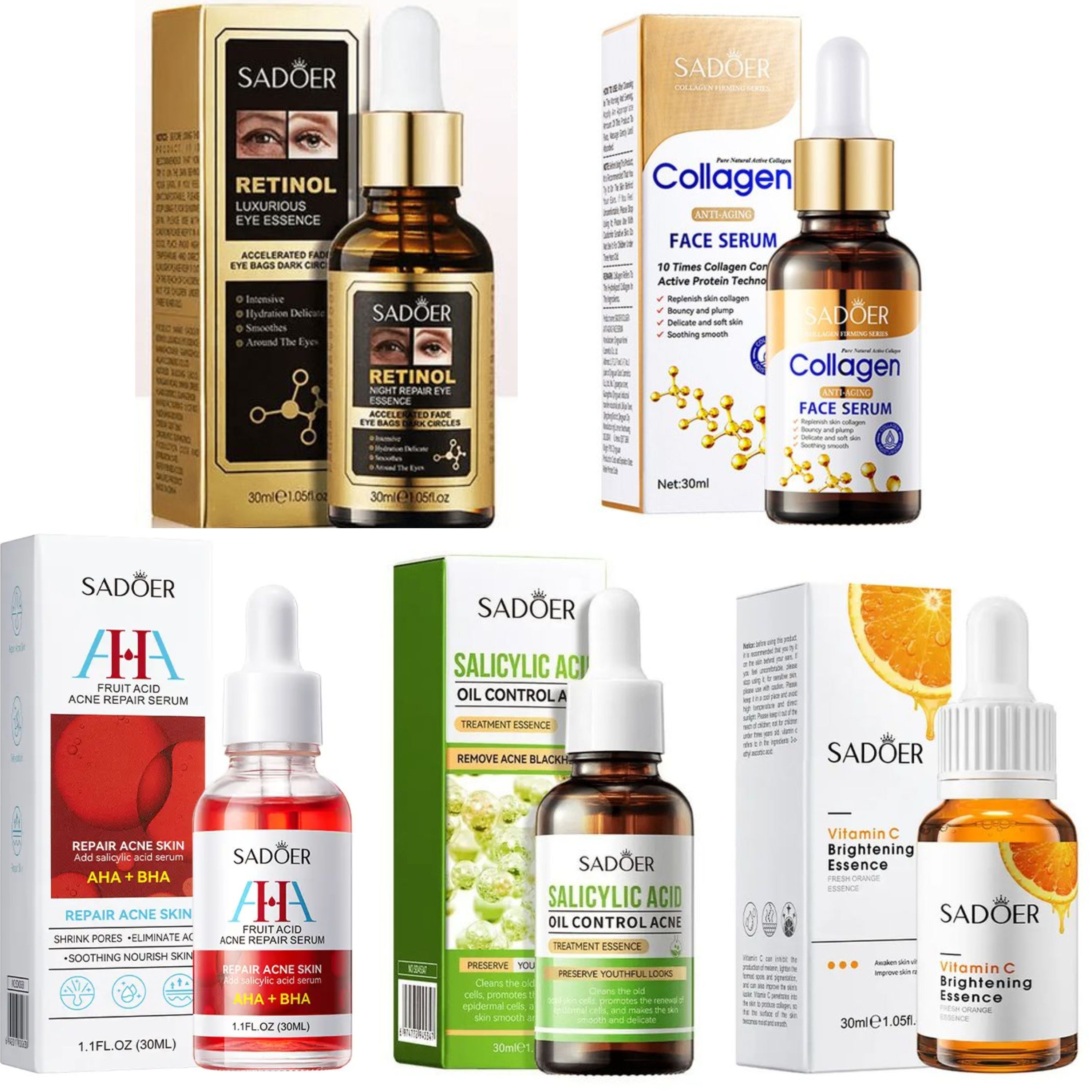 Sadoer 5 in 1 Pack, Retinol Eye Bags and Dark Circles Serum + Fruit Acid AHA BHA Serum + Salicylic Acne Treatment Serum + Vitamin C Face Brightening +Collagen  Serum Anti Aging for Youthful Skin