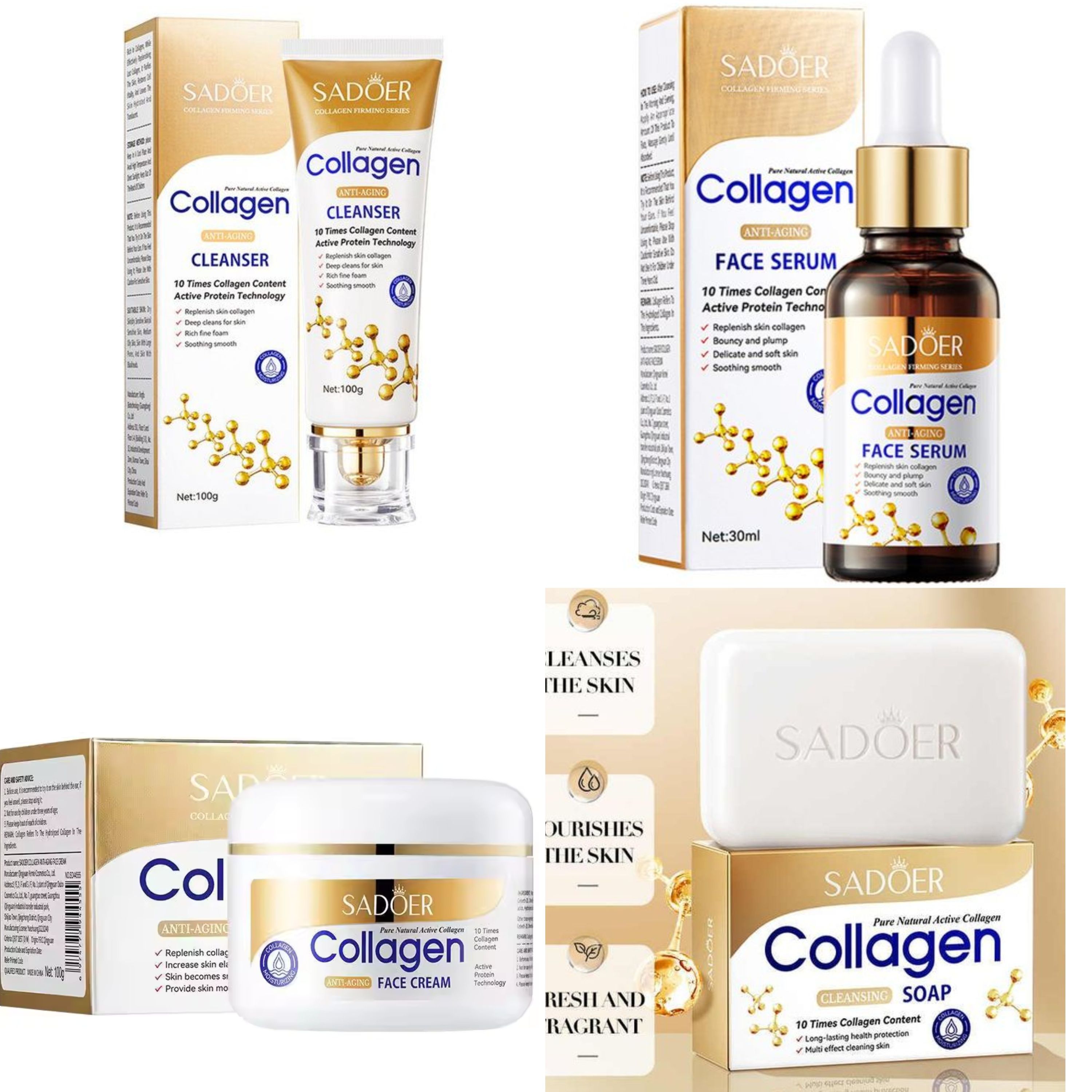 Sadoer Collagen 4 Pieces, Collagen Anti Aging Serum + Anti Aging Cream + Anti Aging Facial Cleanser + Cleansing Soap, Can add Vitramin C to the Routine, For Antiwrinkles, Moisturizing, soothing
