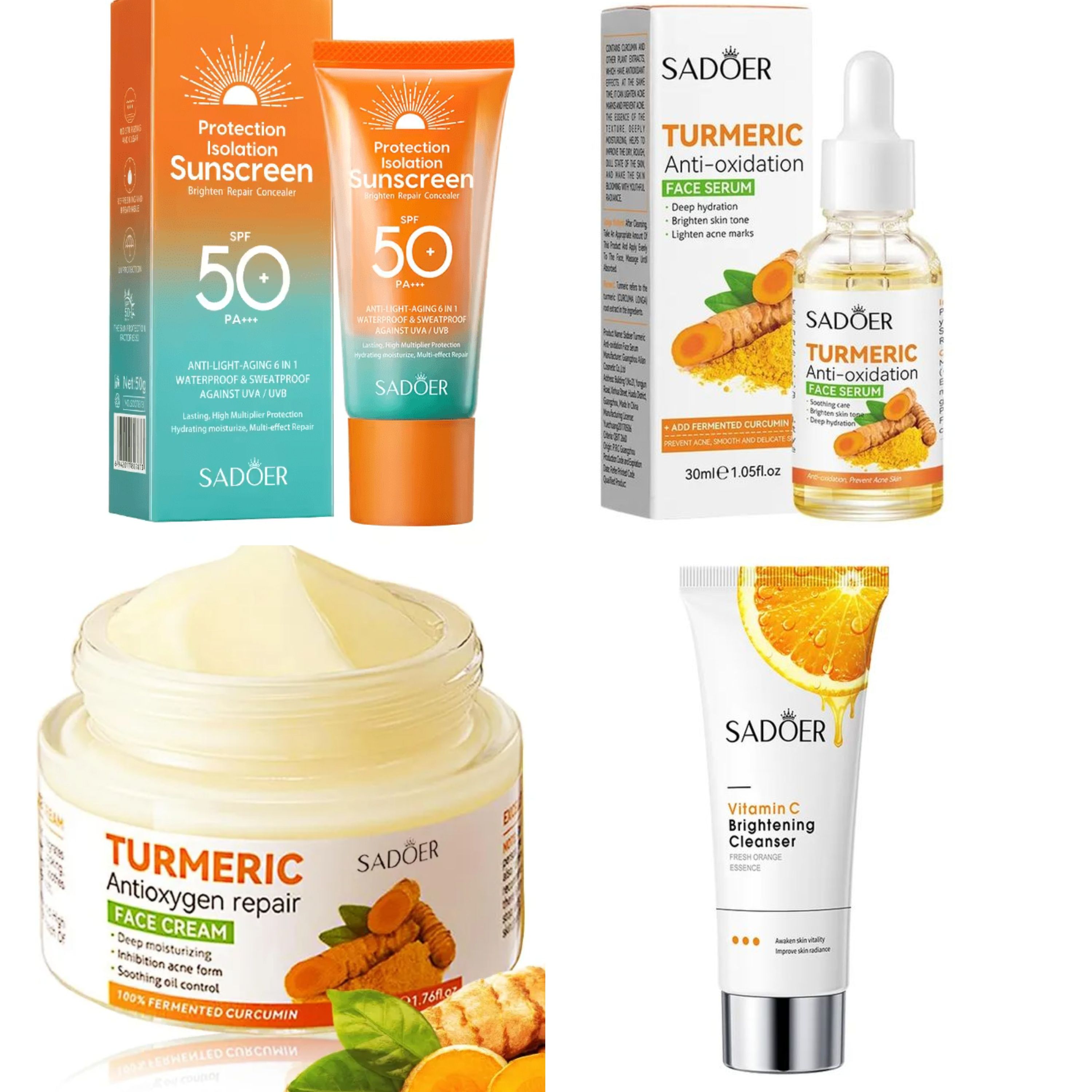 4 in 1 Combo, Turmeric Serum (Tumeric) + Vitamin C Face Cleanser + SPF 50 +++ Sunscreen + Turmeric Cream, Guarantees  fading Dark Marks, Brighten Face, Anti Acne, Protect from Sun Rays