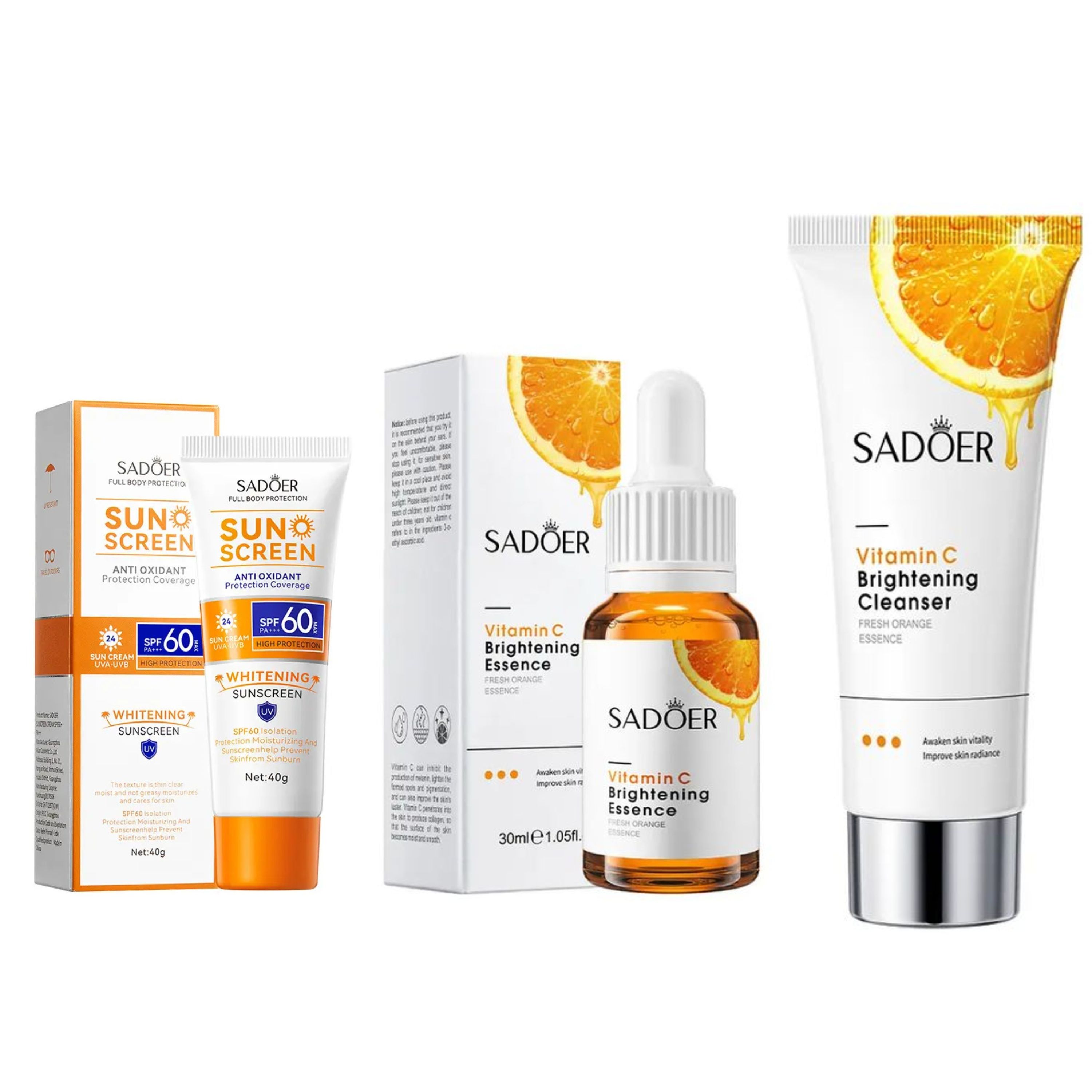 3 in 1 Vitamin C Serum + Vitamin C Cleanser + SPF 60++ Sunscreen for Brightened Face, Moisturizing, Anti Aging, Anti Wrinkles, Anti Acne,  Dark Spots Remover, Sunscreen Protector